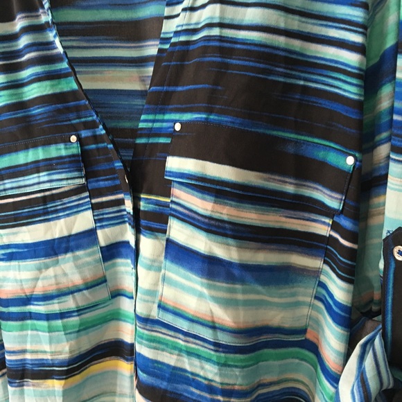 CALVIN KLEIN Blue Teal Stripe Oversized Button Top - Picture 4 of 7